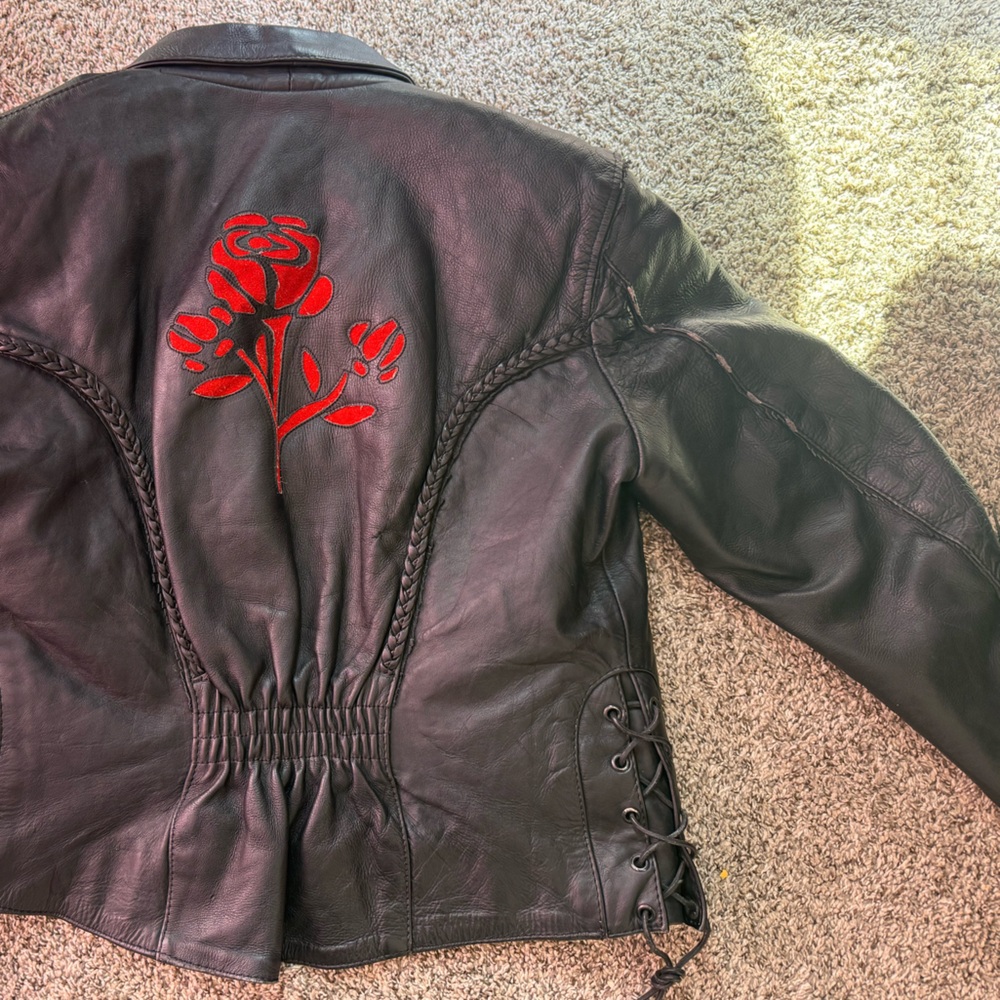 Embroidered Black Leather Jacket - Picture 8 of 10